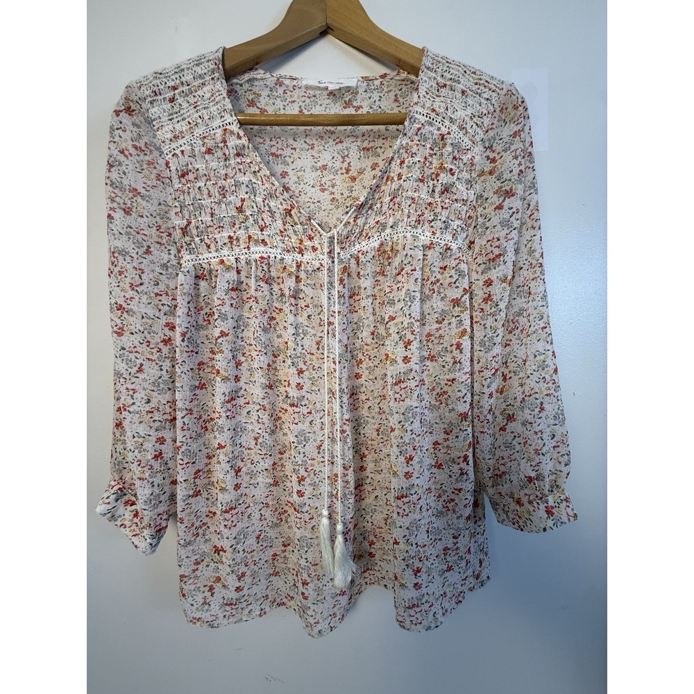 Tua Vince Camuto Floral Peasant Blouse Boho Cottagecore Smocked XS Flowy
